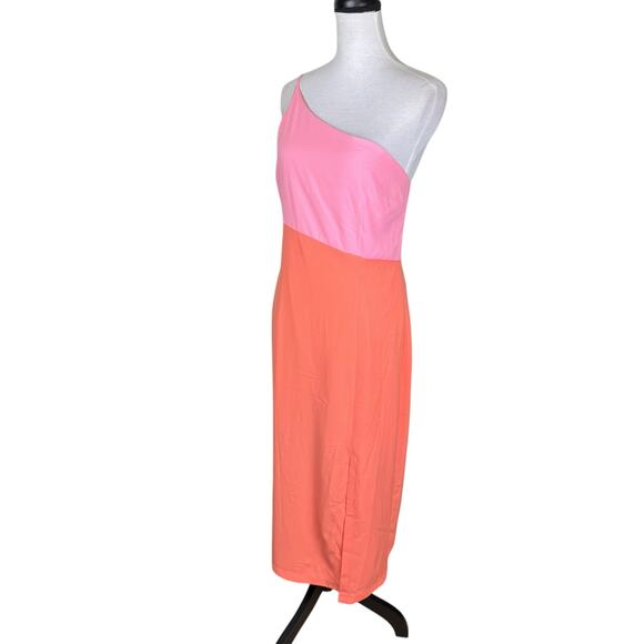 Petal + Pup NWT Xiomar Pink Orange Colorblock One Shoulder Side Slit Midi Dress - Picture 5 of 12